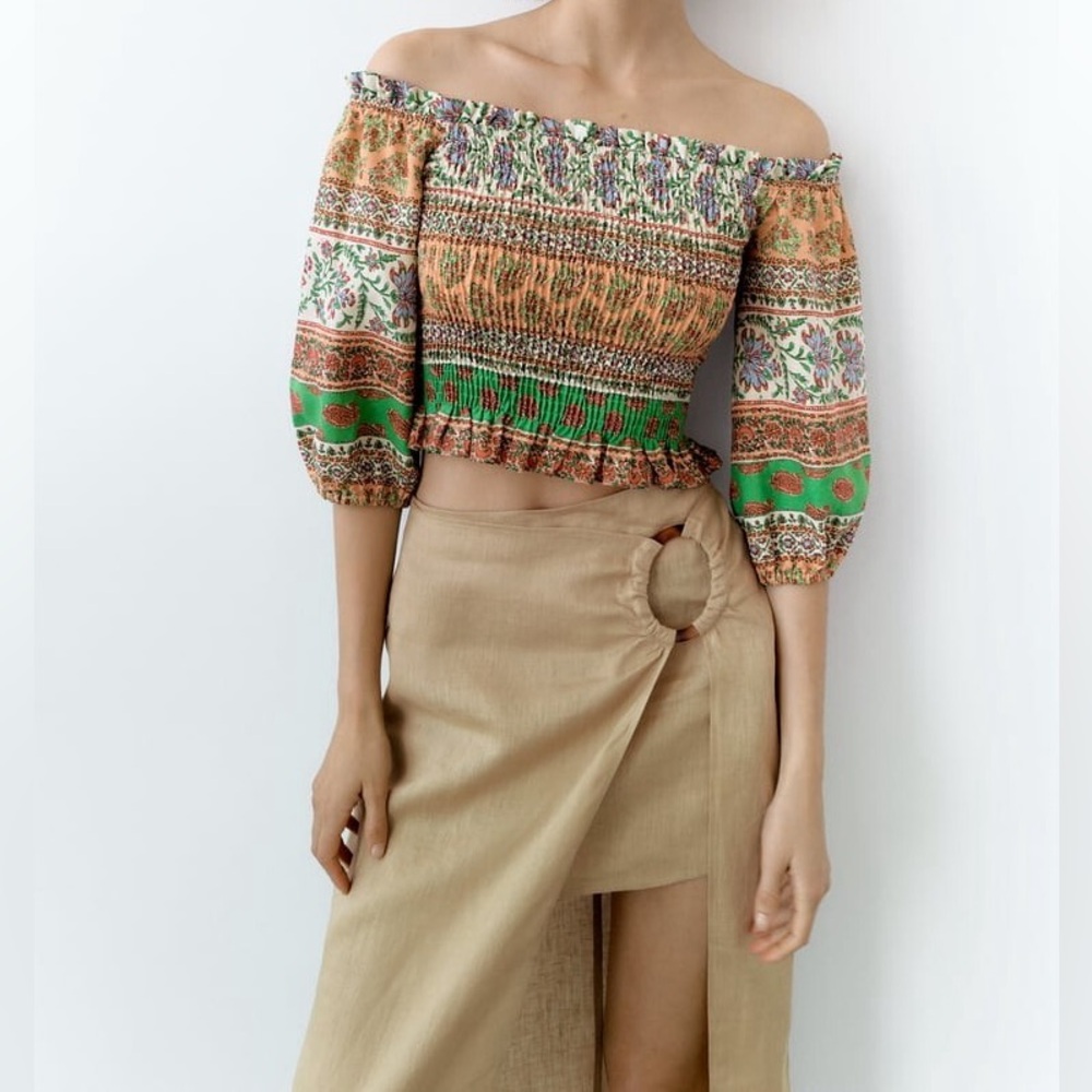 🌿 Zara Linen Blend Smocked Crop Top — Moroccan Print, Size L, NWT 🌿